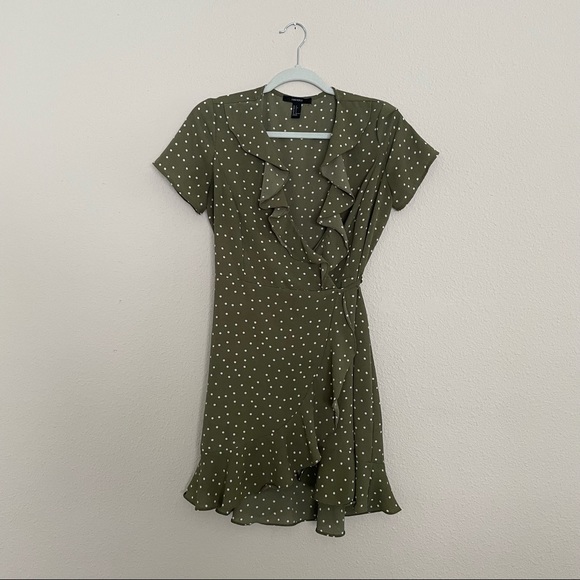 Forever 21 Olive Polka Dot Wrap Mini Dress - Picture 4 of 12